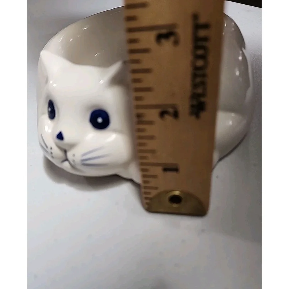 Vtg Cat Kitten Pet Food Dish Ceramic Treat Bowl Lillian Vernon White Blue Eyes